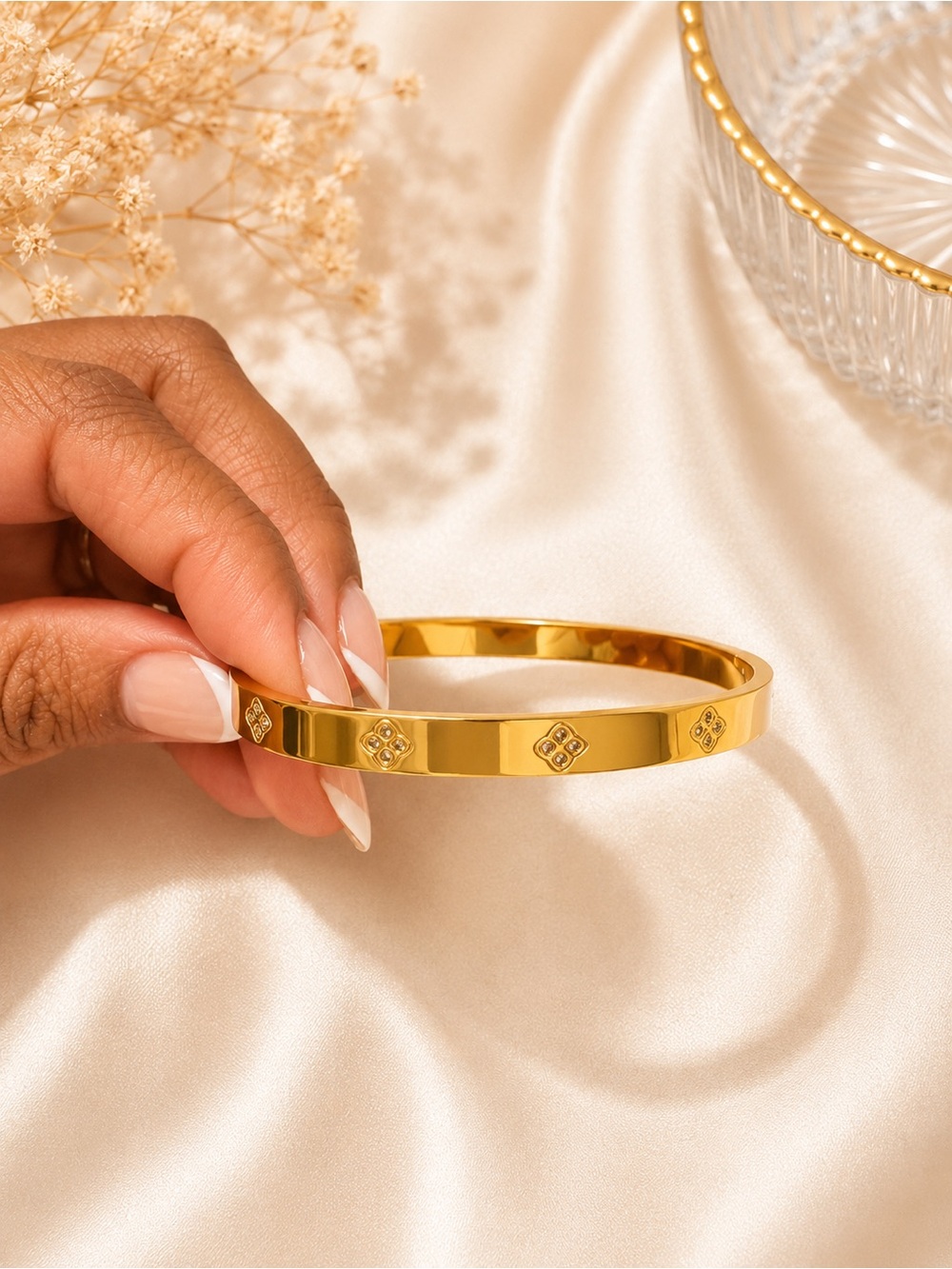 Gold Tone Floral Accent Bangle Bracelet - Women Jewelry